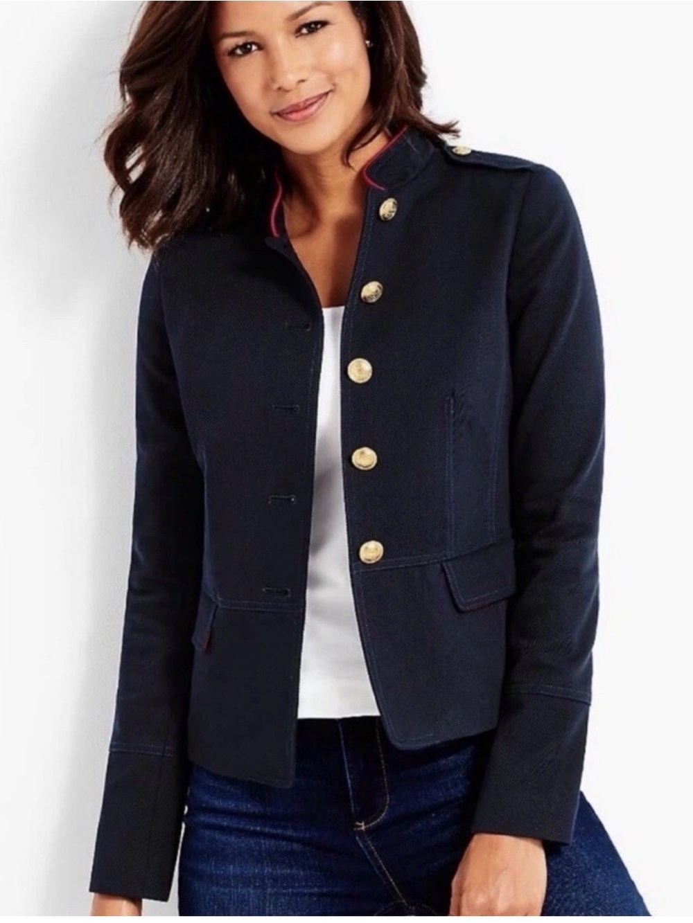 Talbots navy blue military jacket gold buttons